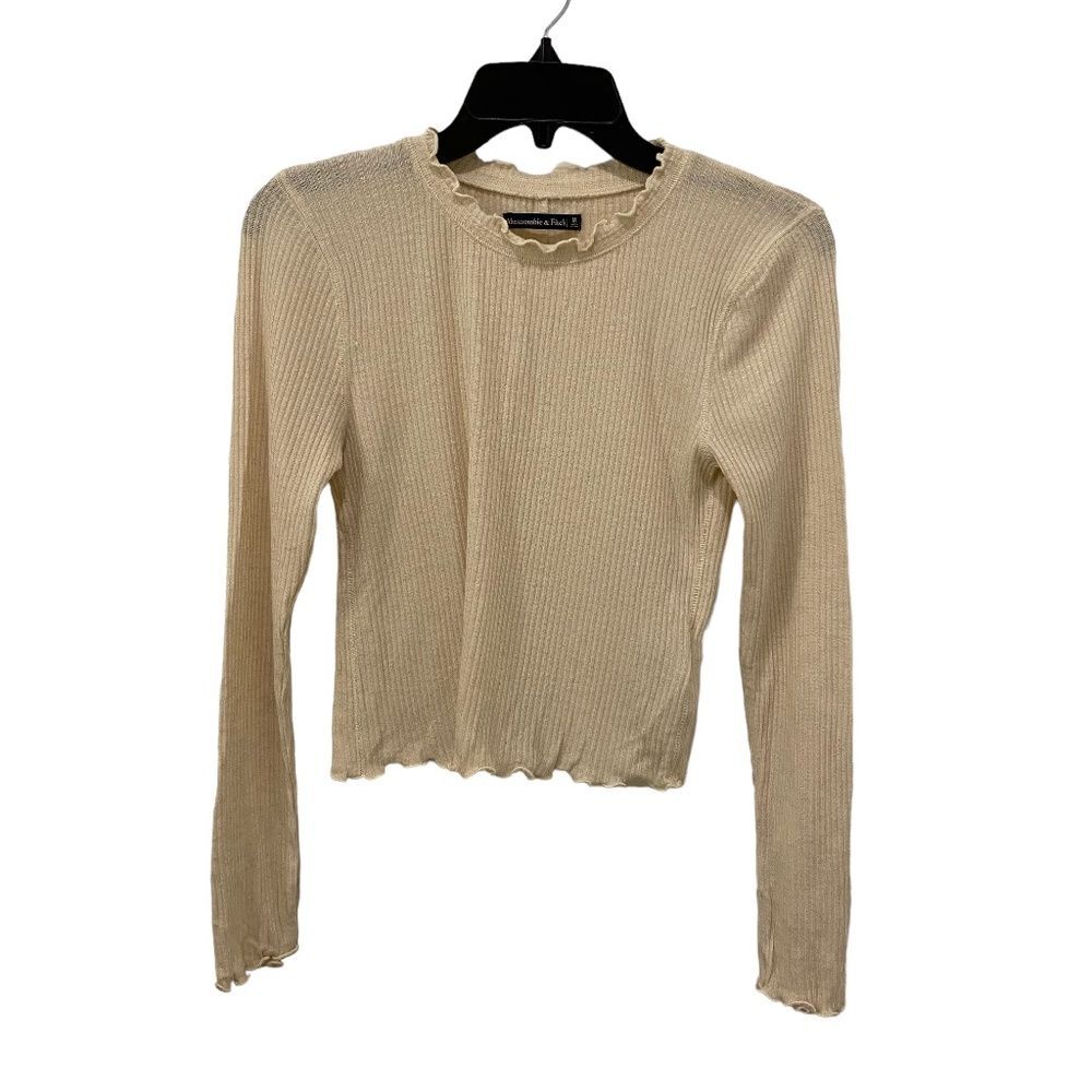 Abercrombie & Fitch Cream Ribbed Long Sleeve Lettuce Edge Ruffle Top Medium